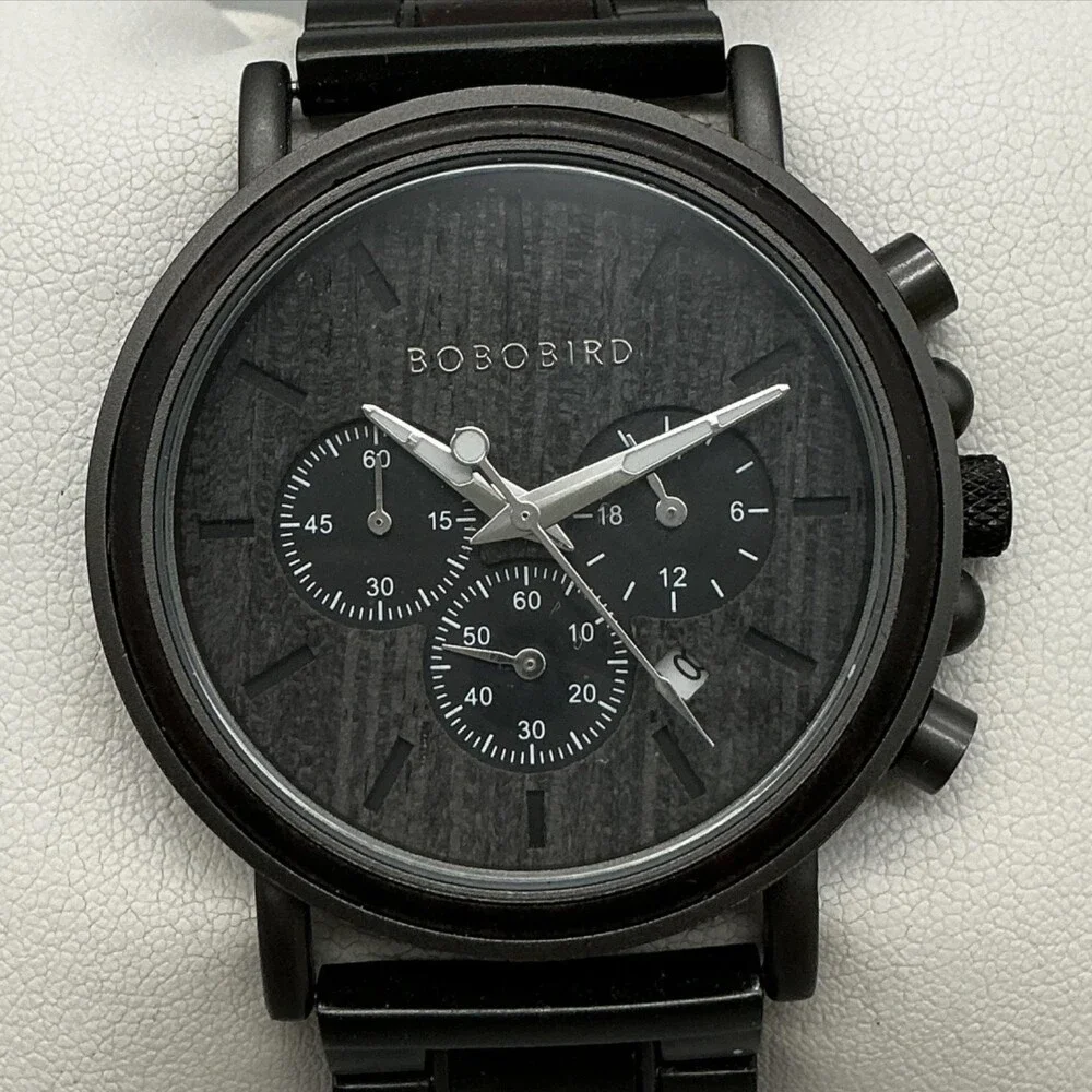 BOBO BIRD Mens Watch 44mm Black Chronograph Dial Wood Bracelet New Battery 7.5